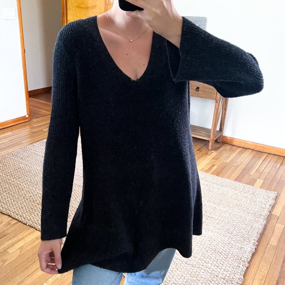 Peruvian Connection Sweaters - Peruvian Connection 100% Royal Alpaca Gray Knit V Neck Tunic Mini Dress Large